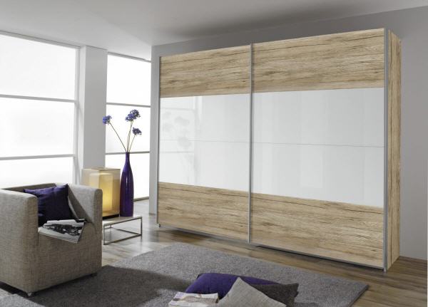 Schwebetürenschrank Eiche Dekor und Glas weiss Schwebetürenschrank Eiche Dekor und Glas weiss