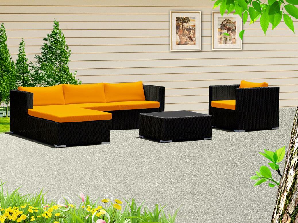 Detailansicht Rattangeflecht und pulverbeschichtetes Aluminiumgestell der Gartenlounge